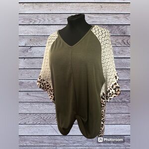 Summer Casual V-Neck Leopard Print Lace Stitching Ruffle Sleeve Loose Blouse XXL